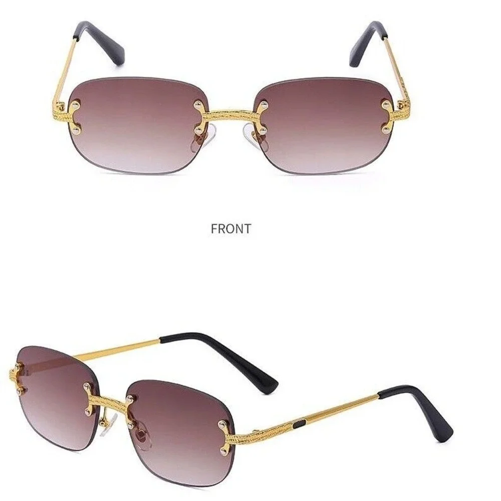 Rimless Sunglasses Men Gold Accents Brown Lens Fashion Shades Street Wear Lentes
